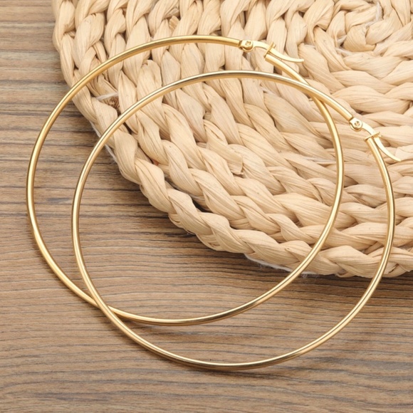 Gold Tone Large Hoop Earrings Zinc Alloy Round - Picture 3 of 7